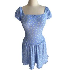 Derek Heart Blue Floral Ribbed Dress Puff Sleeve Cottagecore Size S Juniors